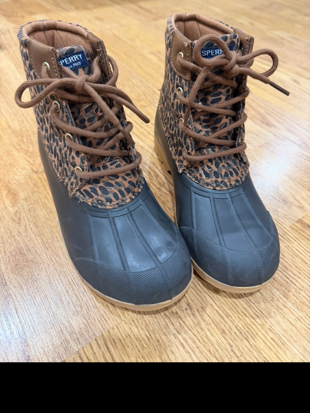 SPERRY Youth Kids Leopard Print Waterproof Duck Port Boots Shoes Brown/Black 3&4